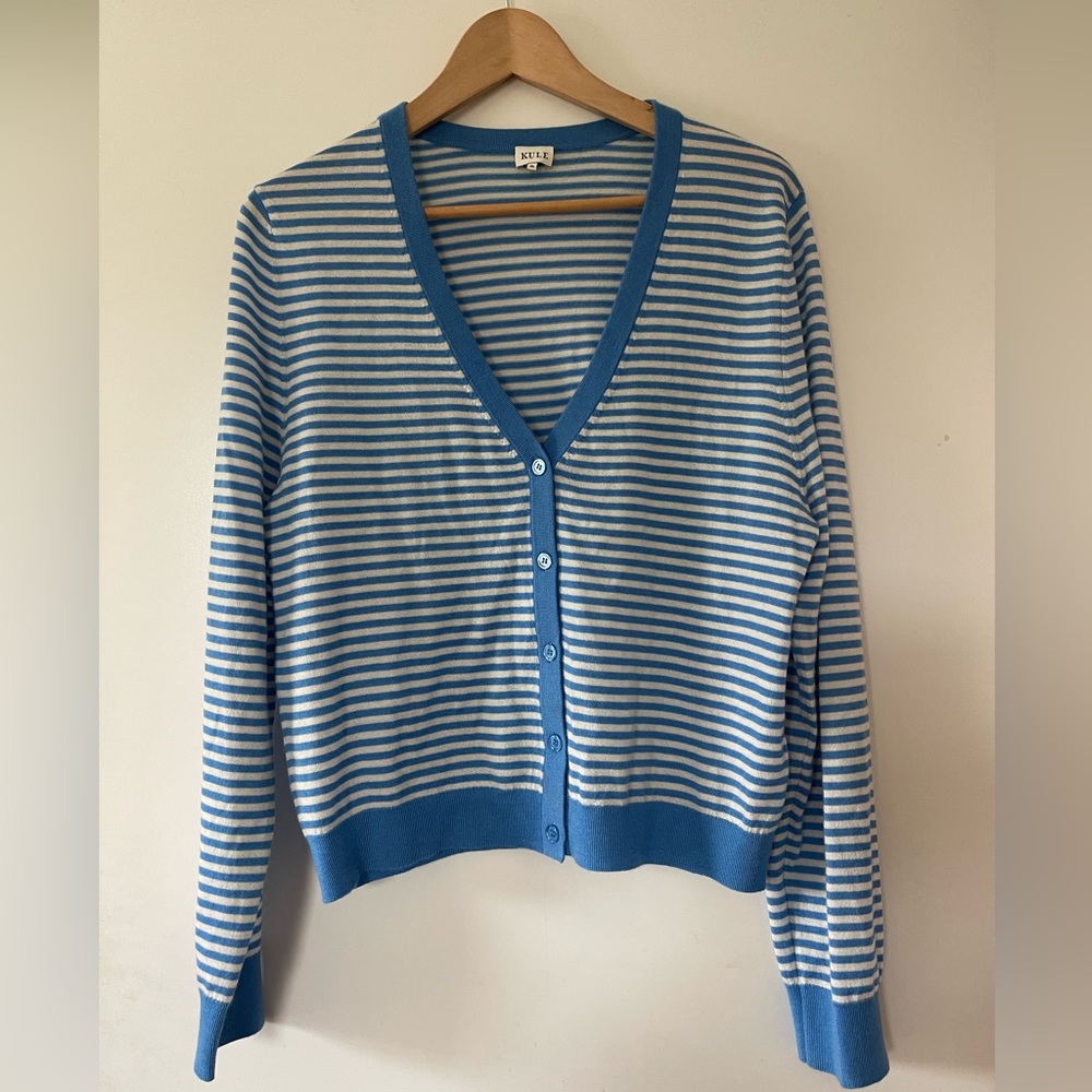 KULE  cashmere Striped Blue and White Cardigan